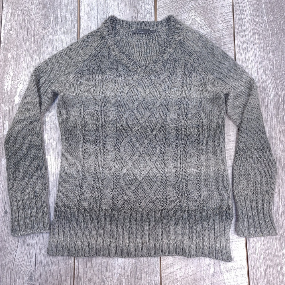 prAna Sweater Womens Small Grey Cable Knit V-Neck Space Dye Long Sleeve